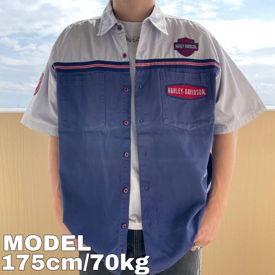 ハーレーダビッドソン 半袖シャツ XL 刺繍ビッグロゴ 白 青 赤 7736