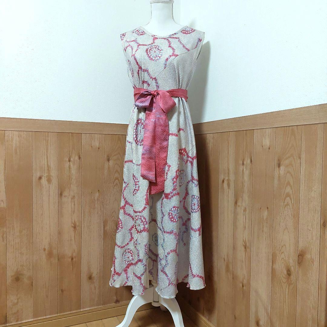 着物リメイク 総絞りピンクノースリーブロングワンピース