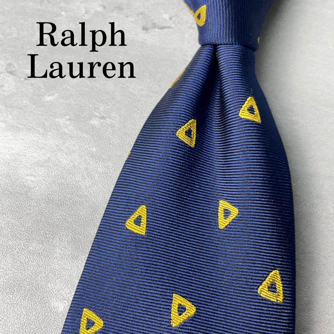 美品 Ralph Lauren 三角 小紋柄 ネクタイ ネイビー ゴールド