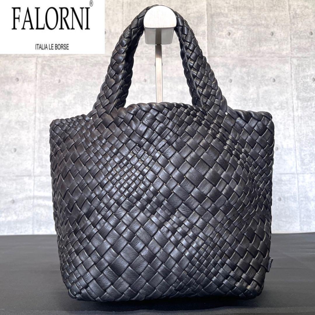 専用品FALORNI BLACK イントレチャート ラムレザー ハンドバッグ