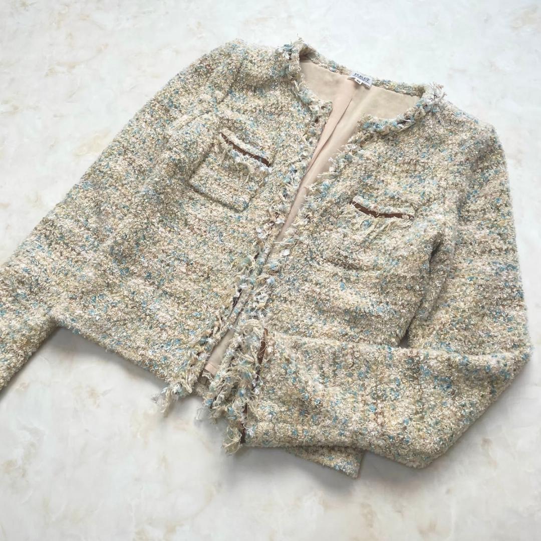 フォクシー　ツイード　ノーカラー　ジャケット　レース　シルク混　アンゴラ　40