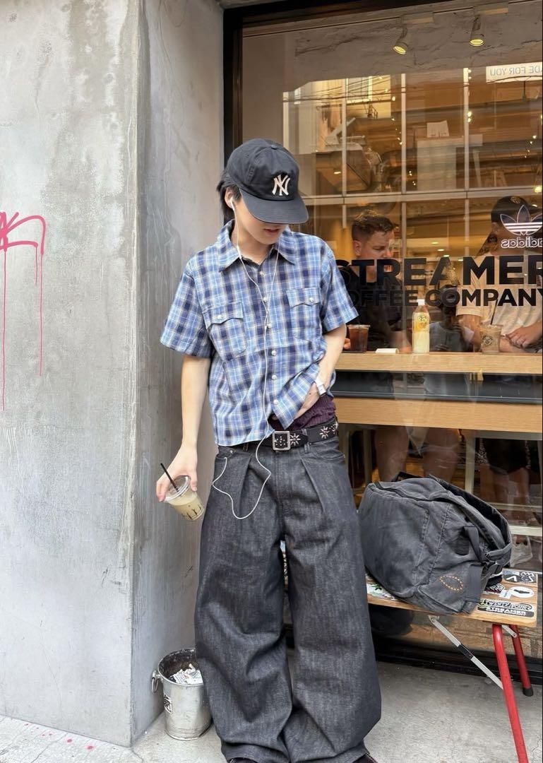(古着)90s リブ付きポロ　短丈　柄シャツ　cityboy 90s nautica 半袖シャツ チェック 短丈 cityboy ノームコア