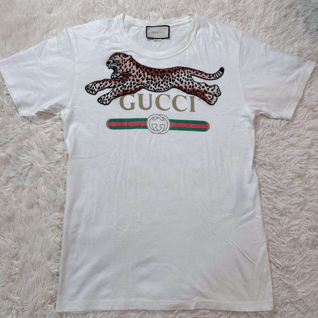 GUCCI グッチ ヴィンテージロゴ レオパード刺繍 半袖 Tシャツ 白 M.