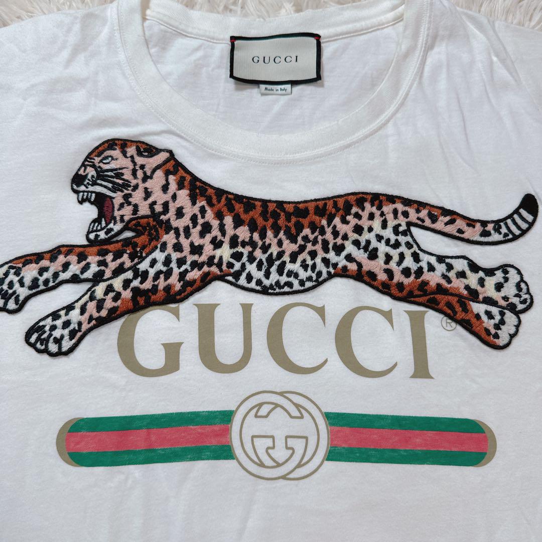 GUCCI グッチ ヴィンテージロゴ レオパード刺繍 半袖 Tシャツ 白 M.