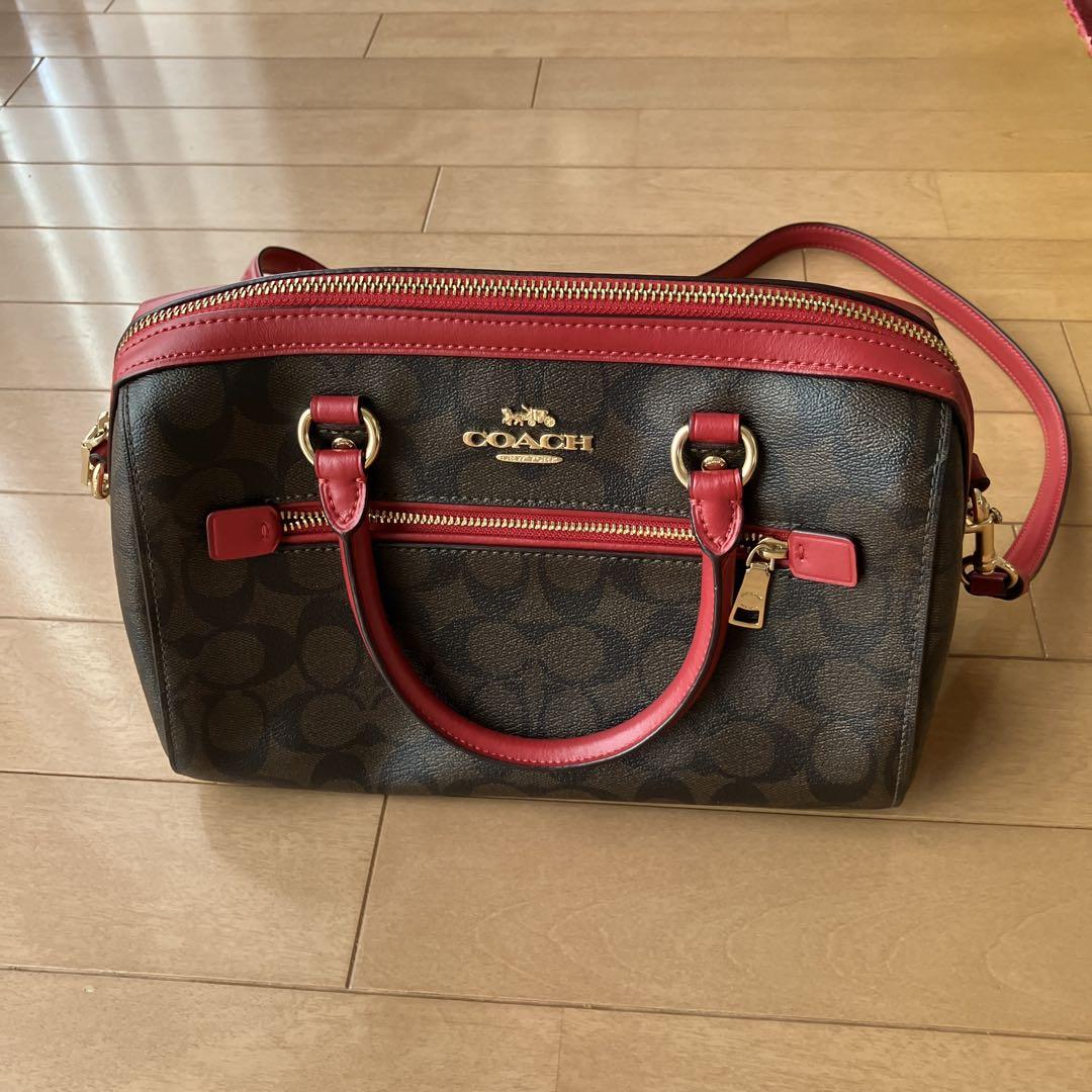 COACH ダークブラウン レッド ハンドバッグ