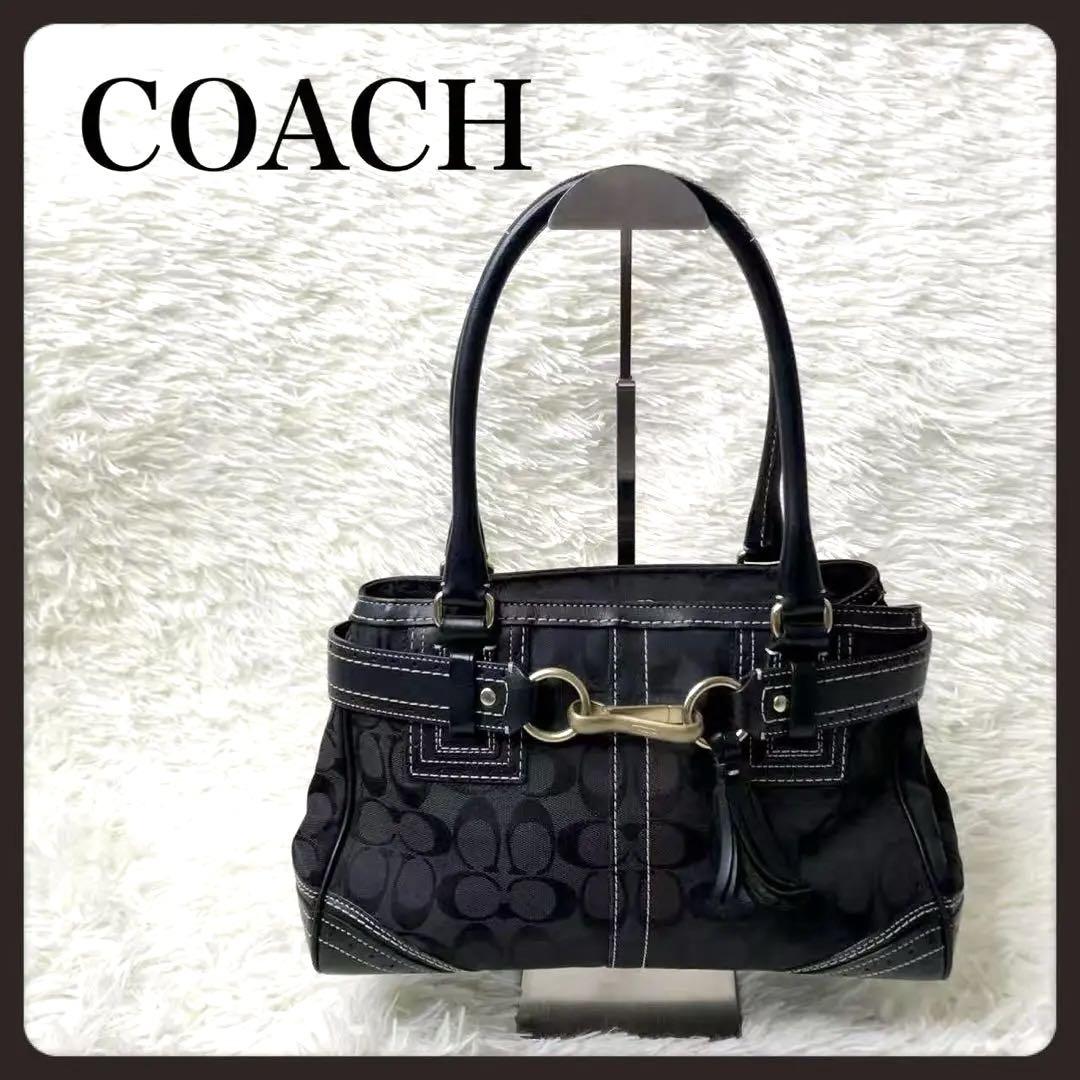 【美品】コーチ COACH トートバッグ ブラック キャンバス×レザー 通勤