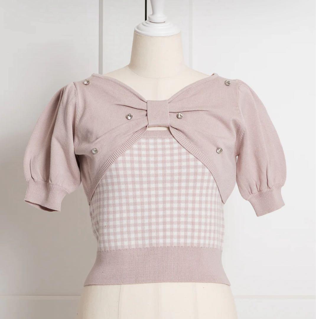 pium ピウム リボンニット×ギンガムキャミセット ホワイト×ピンク♡ リボン半袖ニット×ギンガムキャミセット – pium