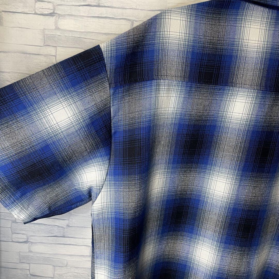 Cal Top 半袖シャツ M 青系 チェック柄 オンブレシャツ