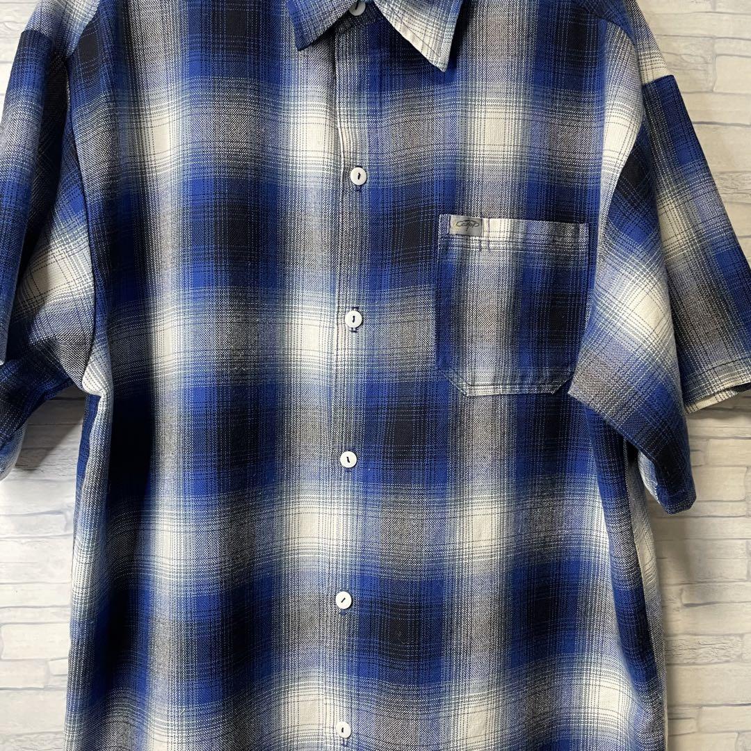 Cal Top 半袖シャツ M 青系 チェック柄 オンブレシャツ
