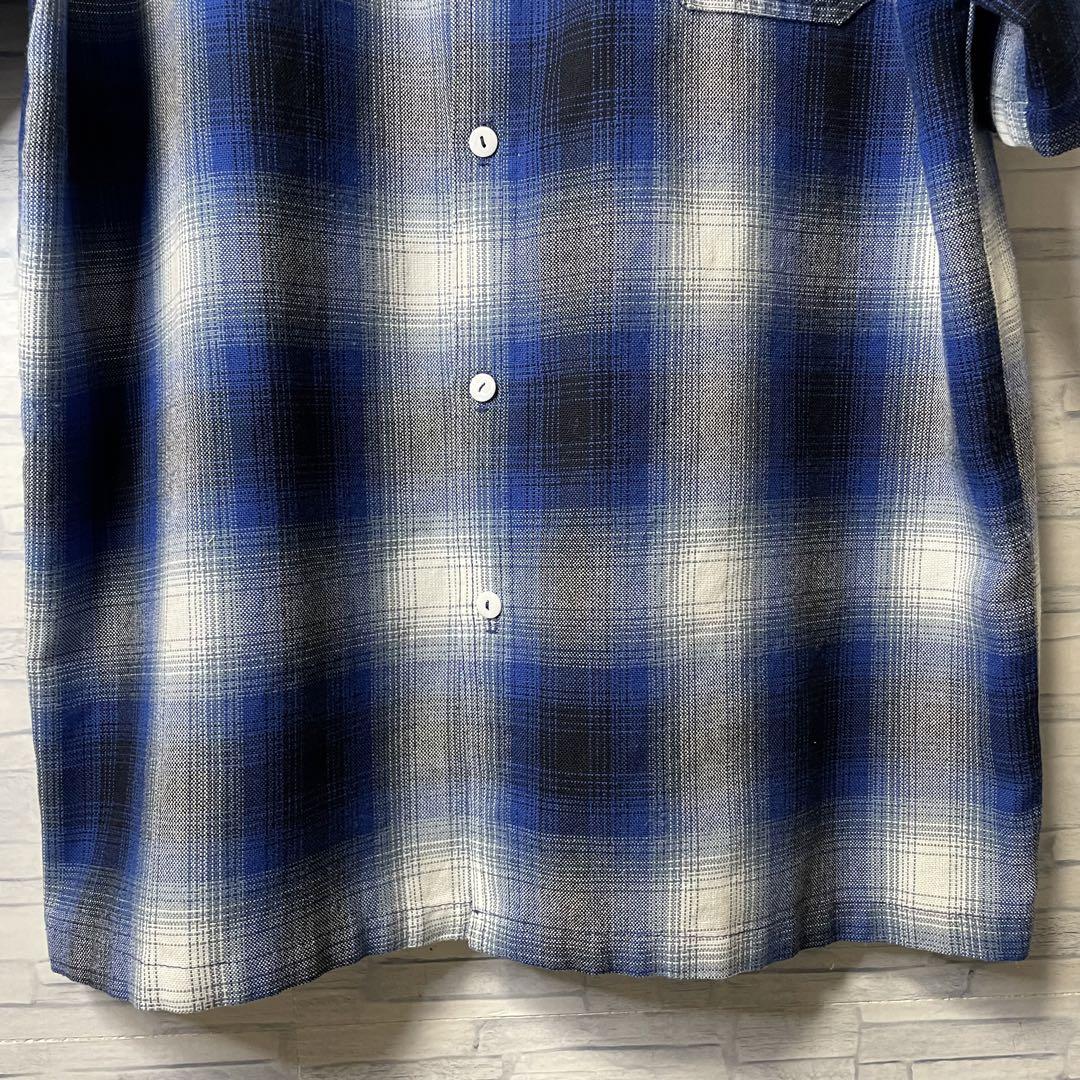Cal Top 半袖シャツ M 青系 チェック柄 オンブレシャツ