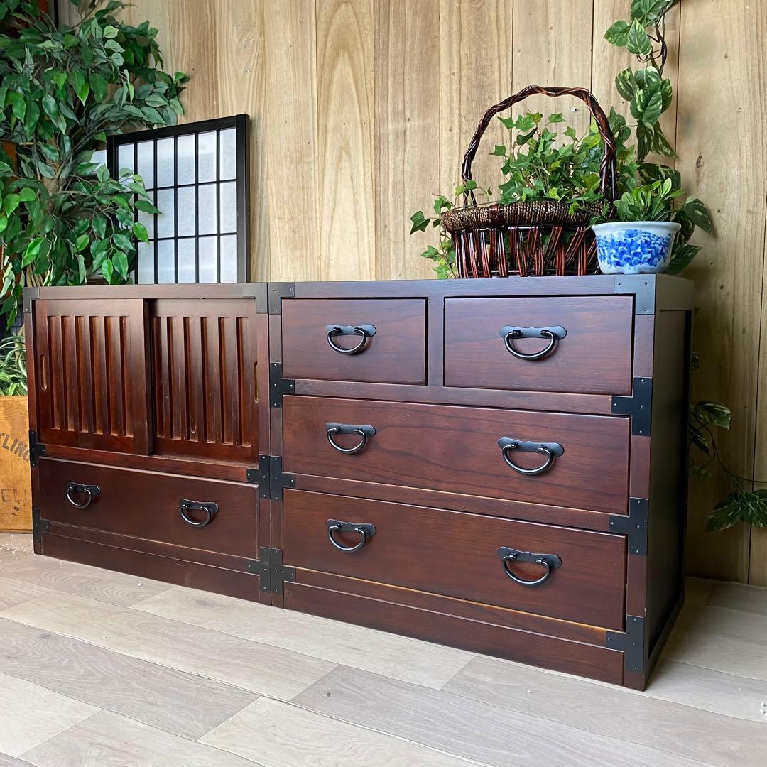 民芸家具和箪笥2点セット(三段四つ引き+引き戸チェスト)木製 民芸家具和箪笥2点セット(三段四つ引き+引き戸チェスト)木製