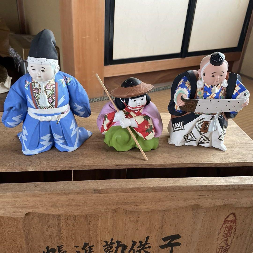 アンティーク　レトロ　古い博多人形　子供勧進帳　三体　木箱付き