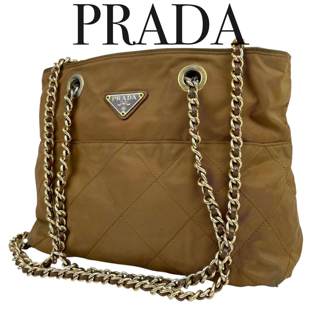 ✨良品　PRADA プラダ　ショルダーバッグ　チェーン　カーキ　キルティング