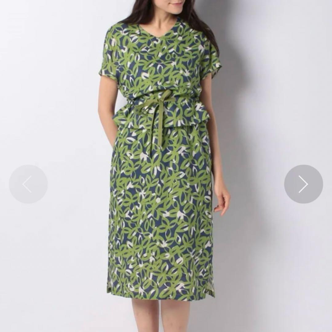 【ラピーヌ】美品✨定価7万 リネン100% ワンピース リーフ ウエストゴム ラピーヌ】美品✨定価7万 リネン100% ワンピース リーフ
