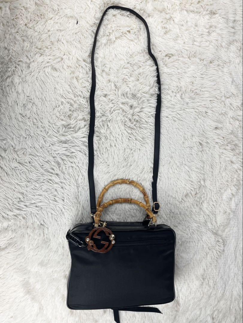 極美品 オールドグッチ レザー キャンバス 2way ショルダーバッグ バンブー