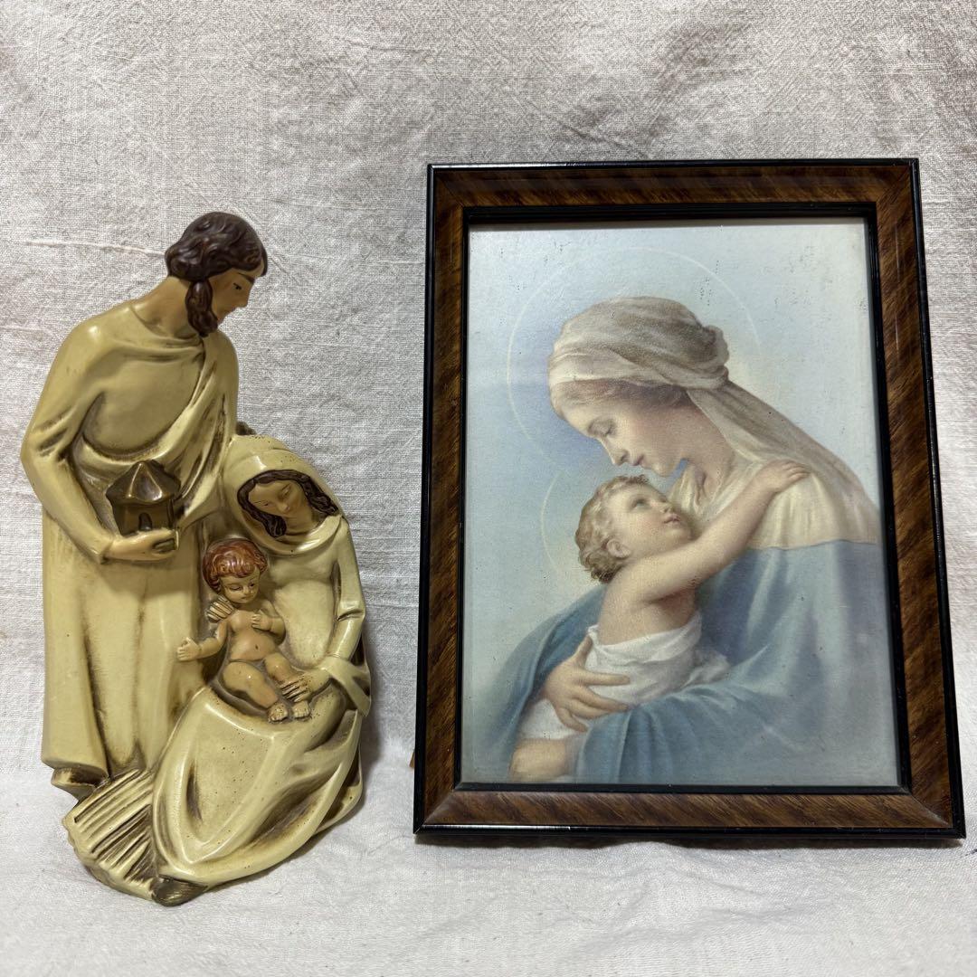 ヴィンテージ品　聖家族の置物と聖母子の絵画セット　クリスチャン