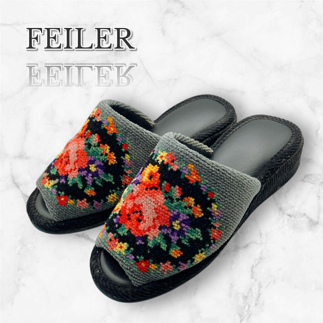 FEILER フェイラー　ルームシューズ　スリッパ　室内履き　黒　花柄