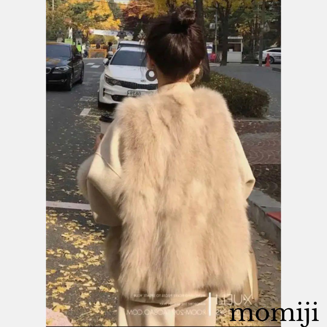 新品 ファーベスト ジレ エコ フェイク ファー 秋冬 ベージュ M ロングジレ