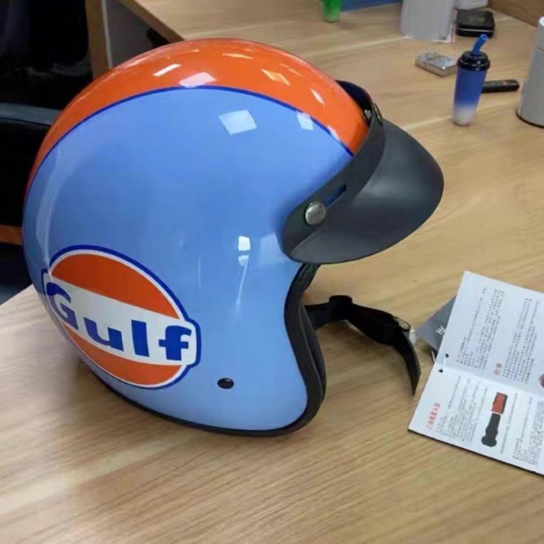 Gulf ジェットヘルメット 青・オレンジ バブルレンズ付き バイザー付き