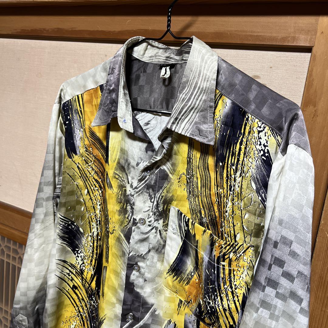 アート　水墨画 イエロー グレー 抽象模様 長袖シャツ　派手 L