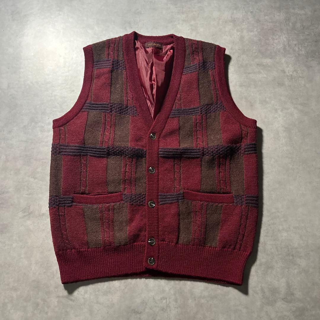 ヴィンテージ ケーブル ノルディック レッド チェック レトロ ニット ベストM VINTAGE