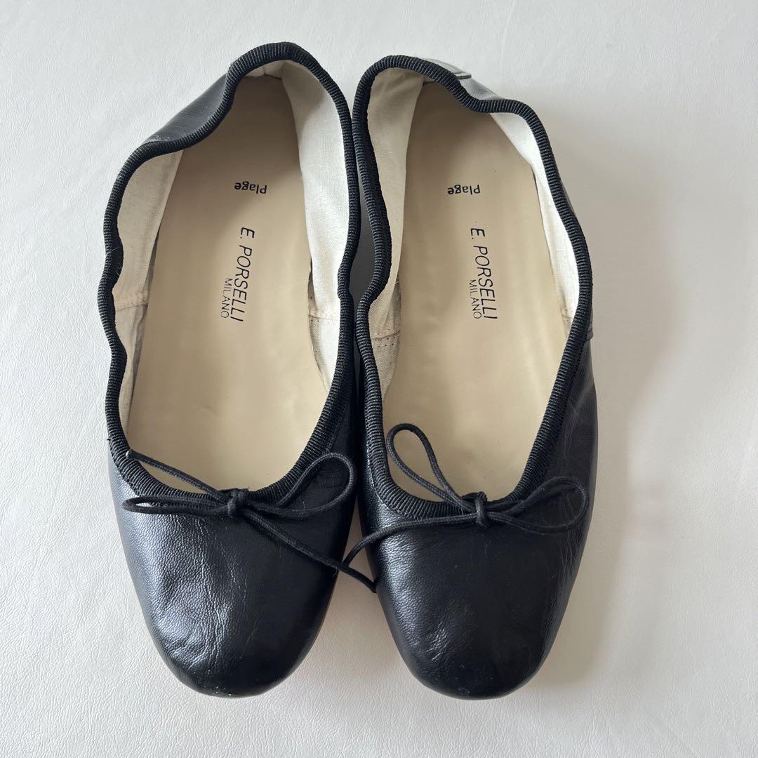 新品】E.PORSELLI バレエシューズ 35 ブラック 本革 フラット レディース