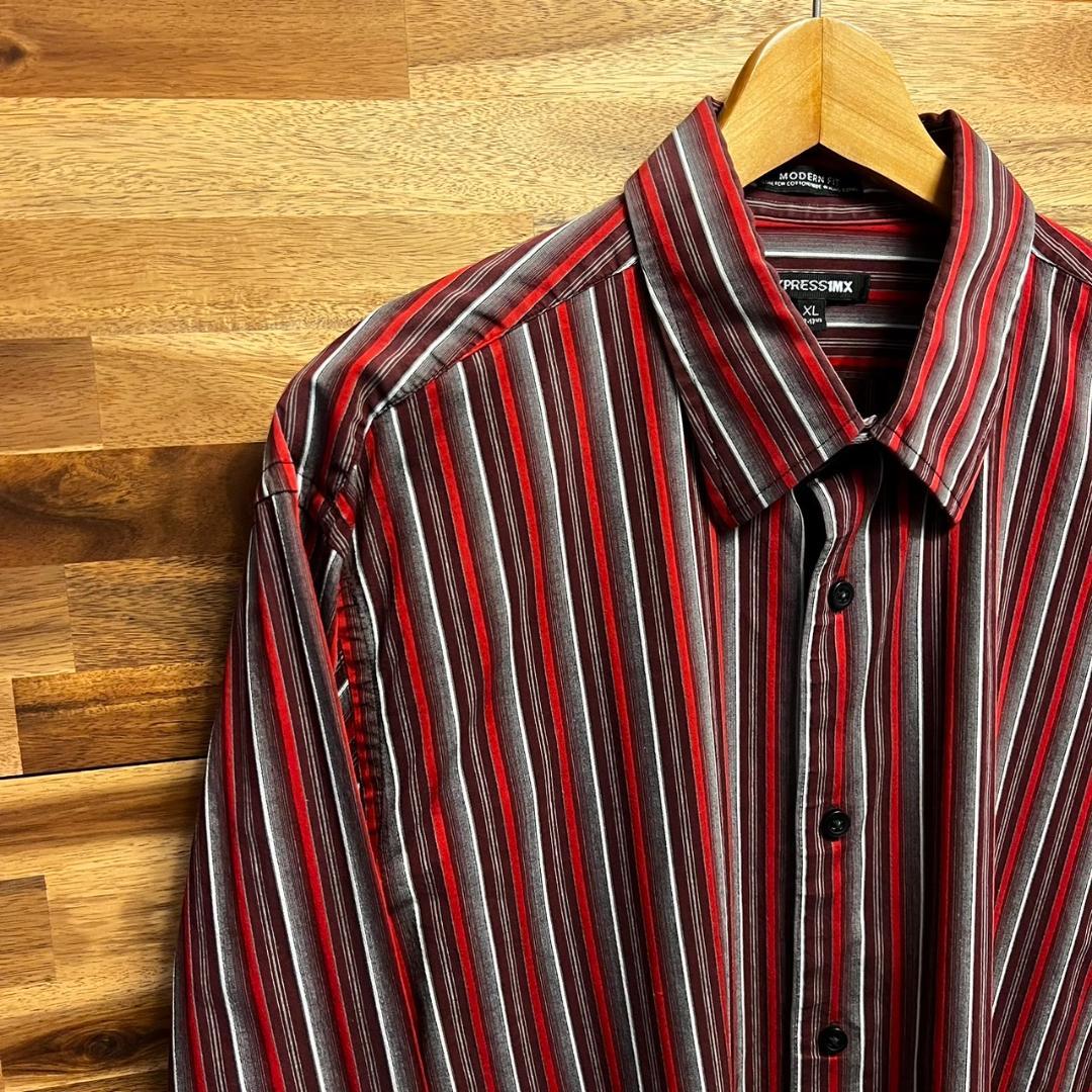 【H16】EXPRESS 1MX 長袖シャツ レッド ストライプ メンズ XL