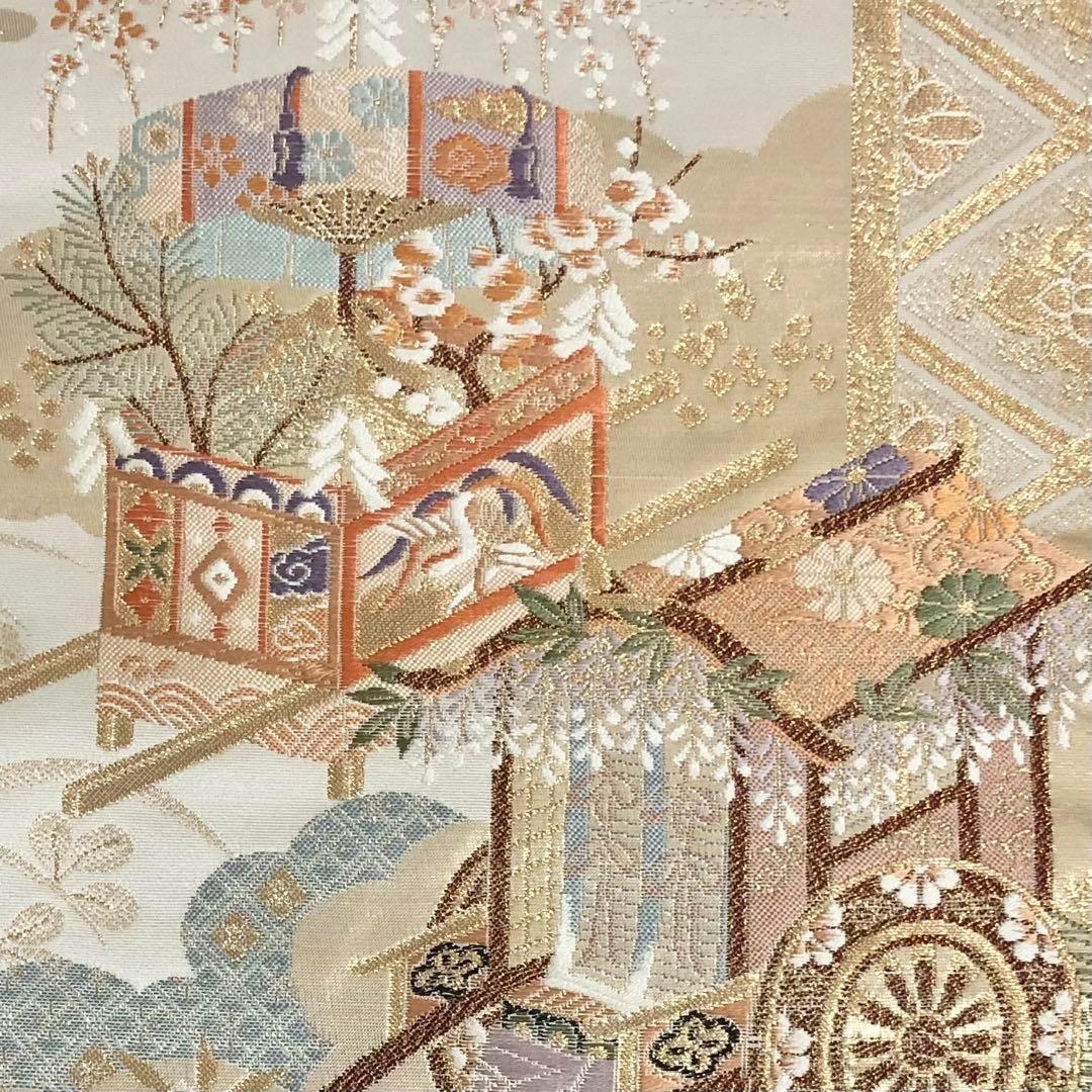 MO-3216 袋帯 フォーマル 平安祭礼献上文 花模様 金糸 白茶色