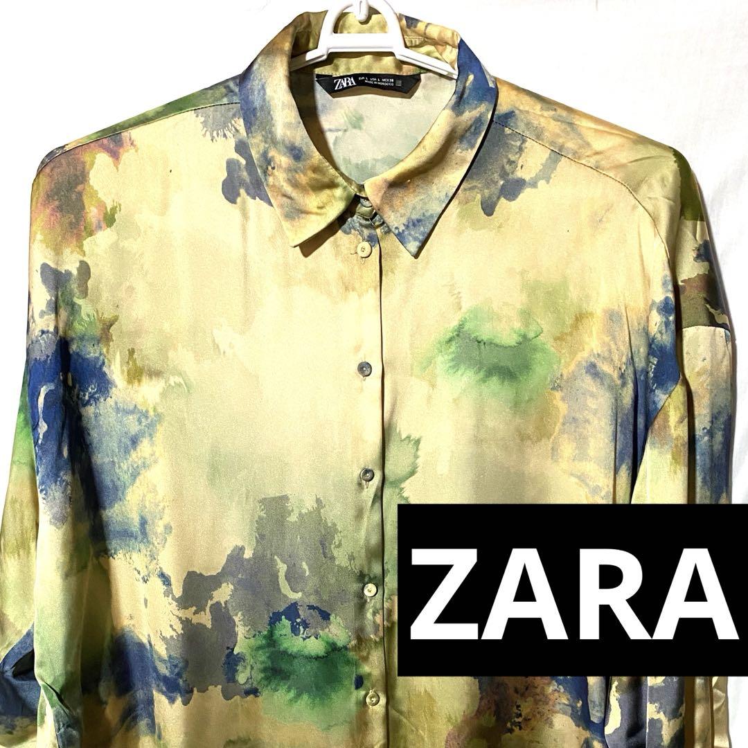 ZARA L XL 長袖 総柄 柄 ポリエステル マーヴル オーバー シャツ