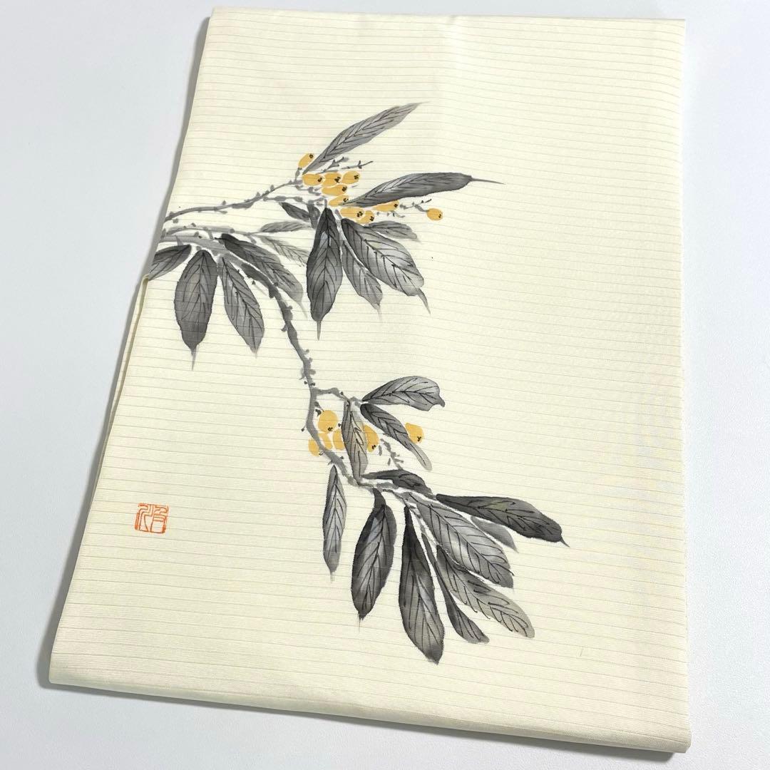 M276 夏帯　絽塩瀬　木の実　手描き　落款　正絹　名古屋帯　極美品