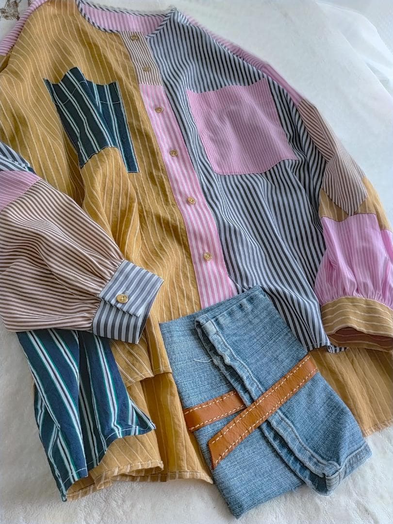 DOS DIOSAS マルチカラー ストライプ パッチワーク 長袖シャツ DOS DIOSAS マルチカラー ストライプ パッチワーク 長袖シャツ