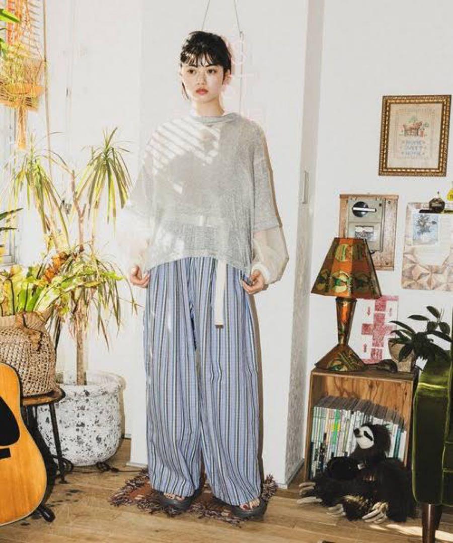 ニコアンド マルチストライプワークパンツ パープル Lサイズ