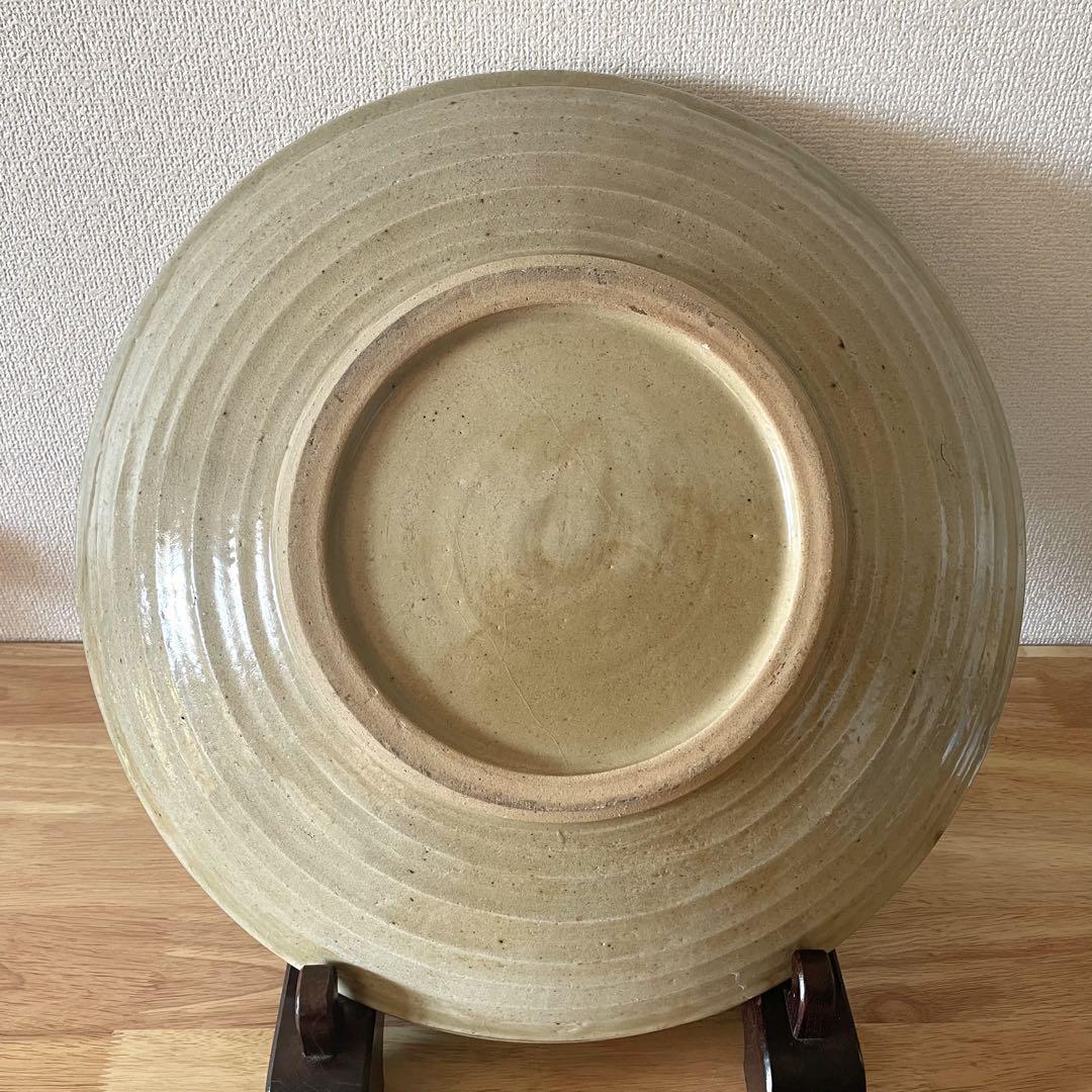 灰釉鉄絵皿 「天味無限 草玄」 江口草玄？ 詳細不明 一尺六寸 大皿 唐津 瀬戸