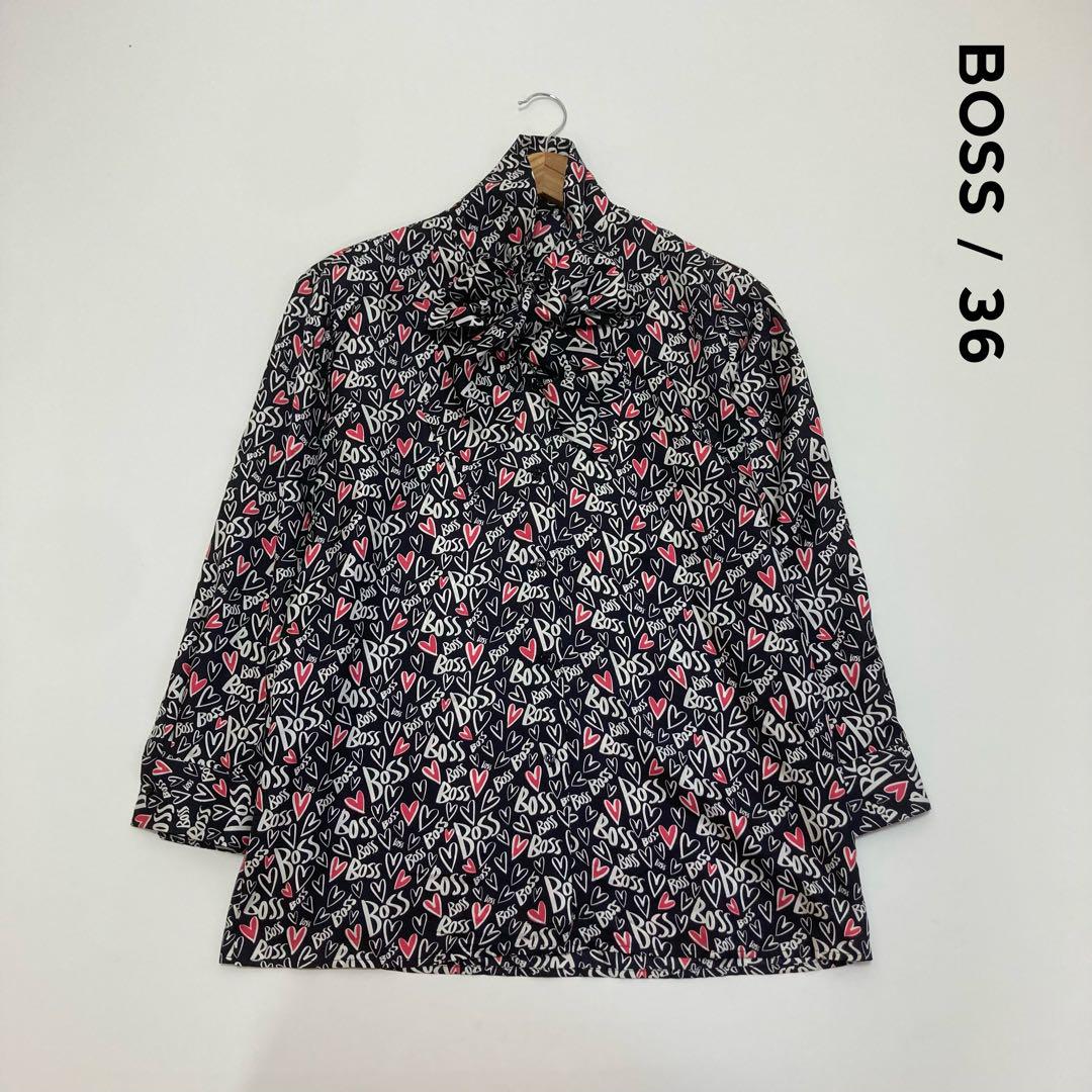 BOSS ボス☆総柄シルク100%棒タイリボン長袖シャツ 36 ハート 黒