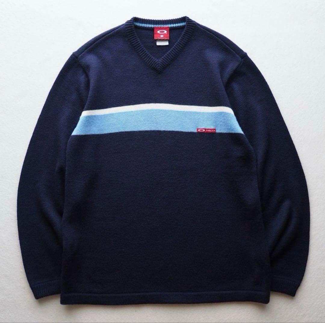 90s OAKLEY 赤タグ Vネック ニットセーター Mサイズ ネイビー 古着M OAKLEY