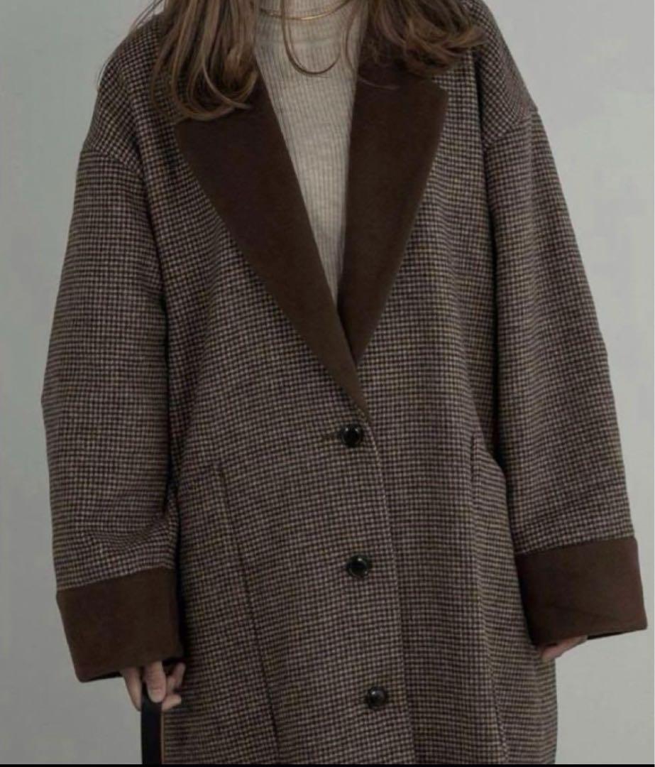 double face check coat ロングコート ブラウン チェック柄