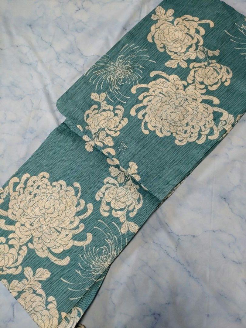 ✿新品未使用　綿麻浴衣　人気浴衣　夏着物　ターコイズブルー　大人浴衣