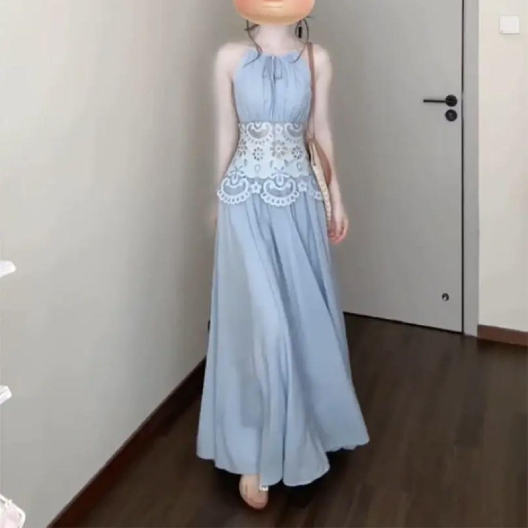 大人可愛いシンプルロングワンピース結婚式パーティー用レースウエストデザイン