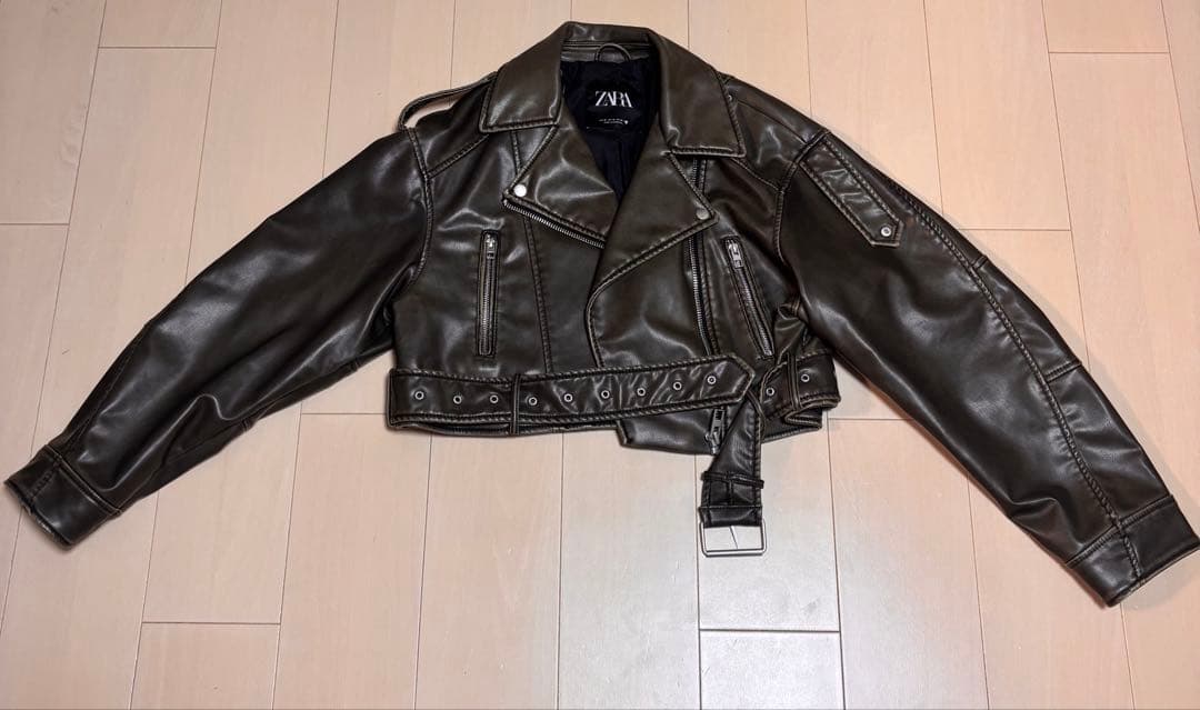 ZARA ザラ フェイクレザークロップドライダースジャケット カーキ オリーブ