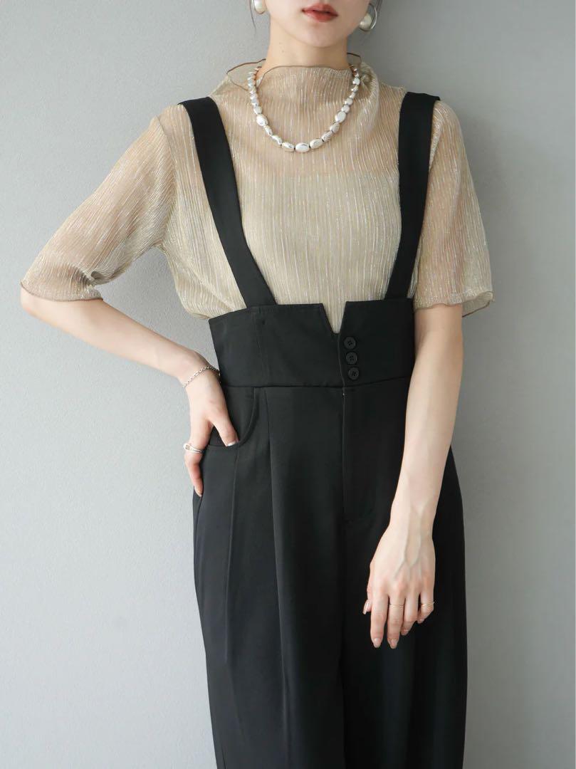 ハイウエストサスペンダーワイドパンツ サロペットワイドパンツ 黒 Lumier