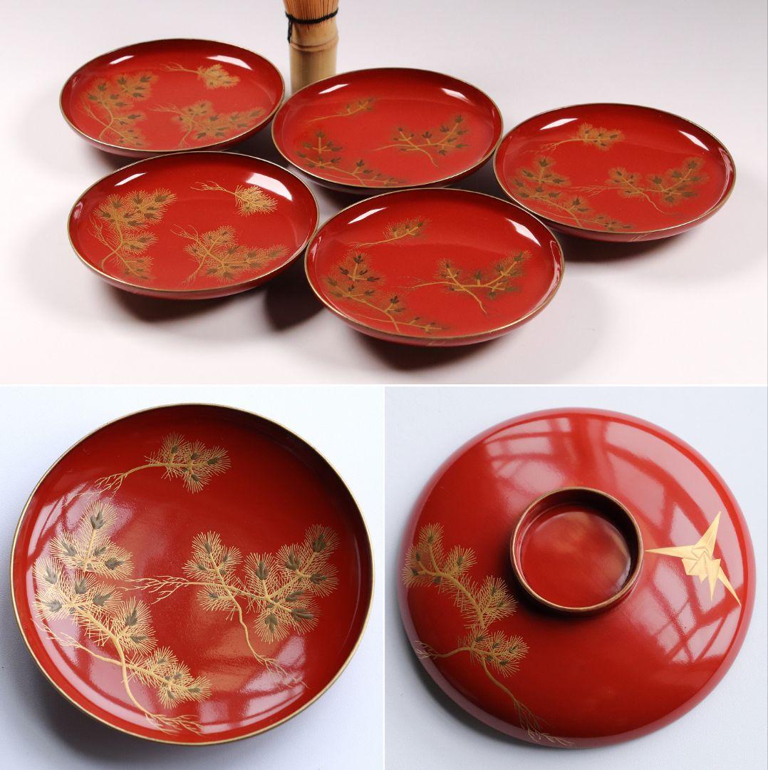 CH6 天然木 松に折り鶴金蒔絵 朱塗引き盃 五客 / 木製漆器茶懐石会席輪島酒