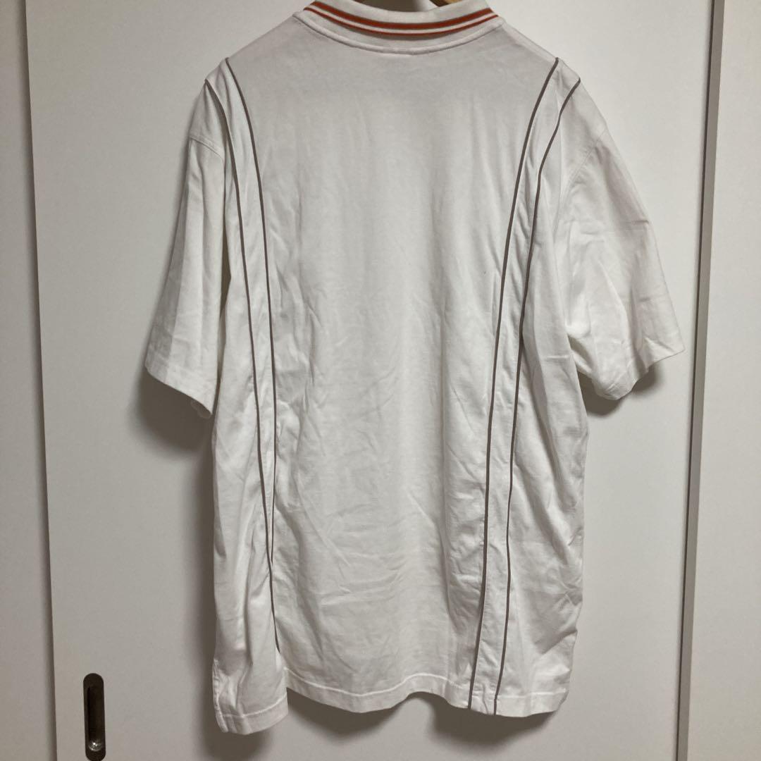 90s 銀タグNIKEテニスロゴ刺繍オフホワイト×オレンジ×ベージュ半袖シャツL 90s 銀タグNIKEテニスロゴ刺繍オフホワイト×オレンジ×ベージュ