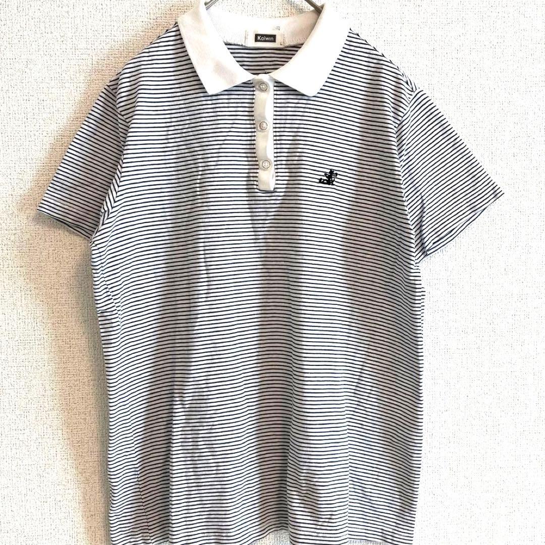 【美品】Kolwin コルウィン 半袖ポロシャツワンピース ダークネイビー×白 ストライプ レディース 3L ゴルフウェア r6