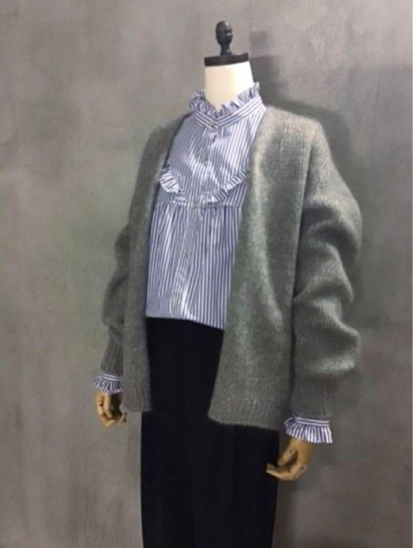 【極美品】cloth&cross クロスクロス ストライプフリルブラウス ブルー
