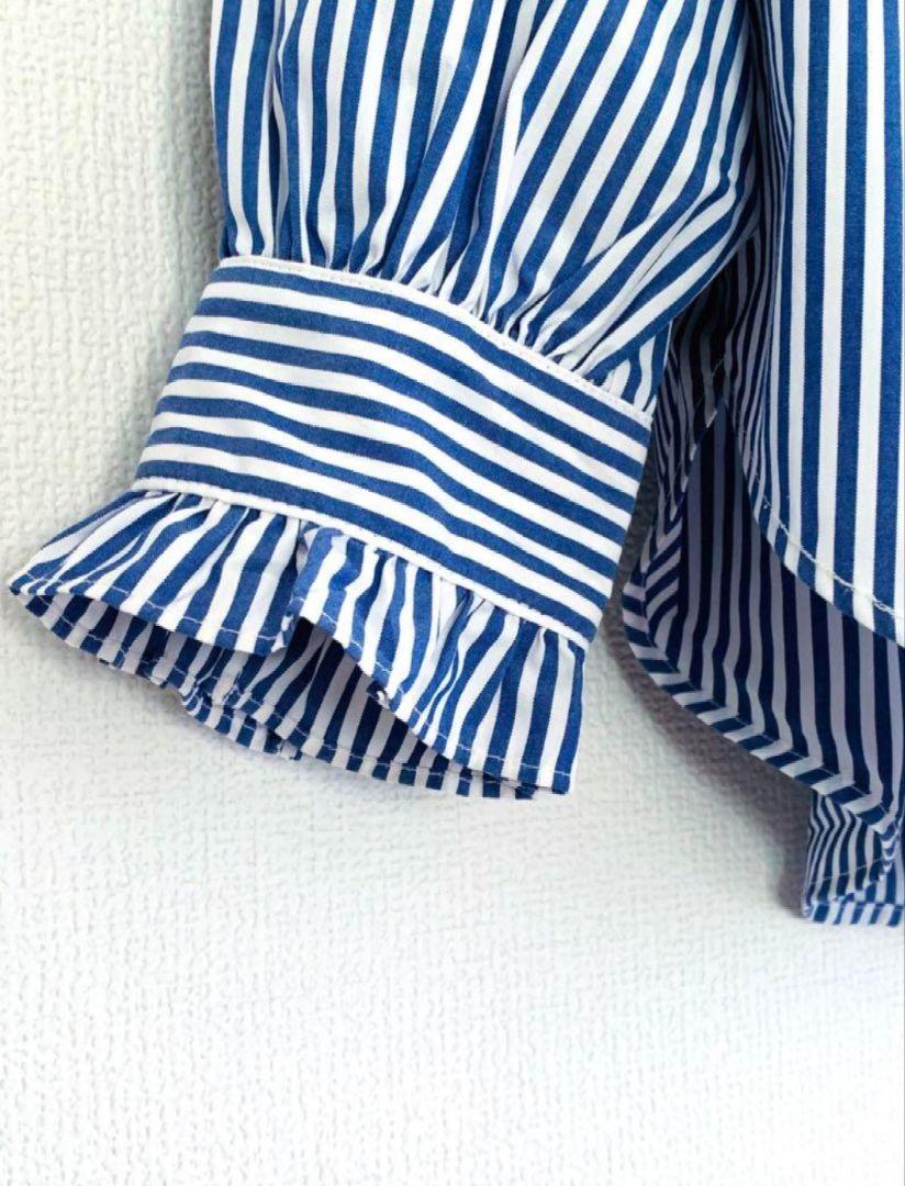 【極美品】cloth&cross クロスクロス ストライプフリルブラウス ブルー