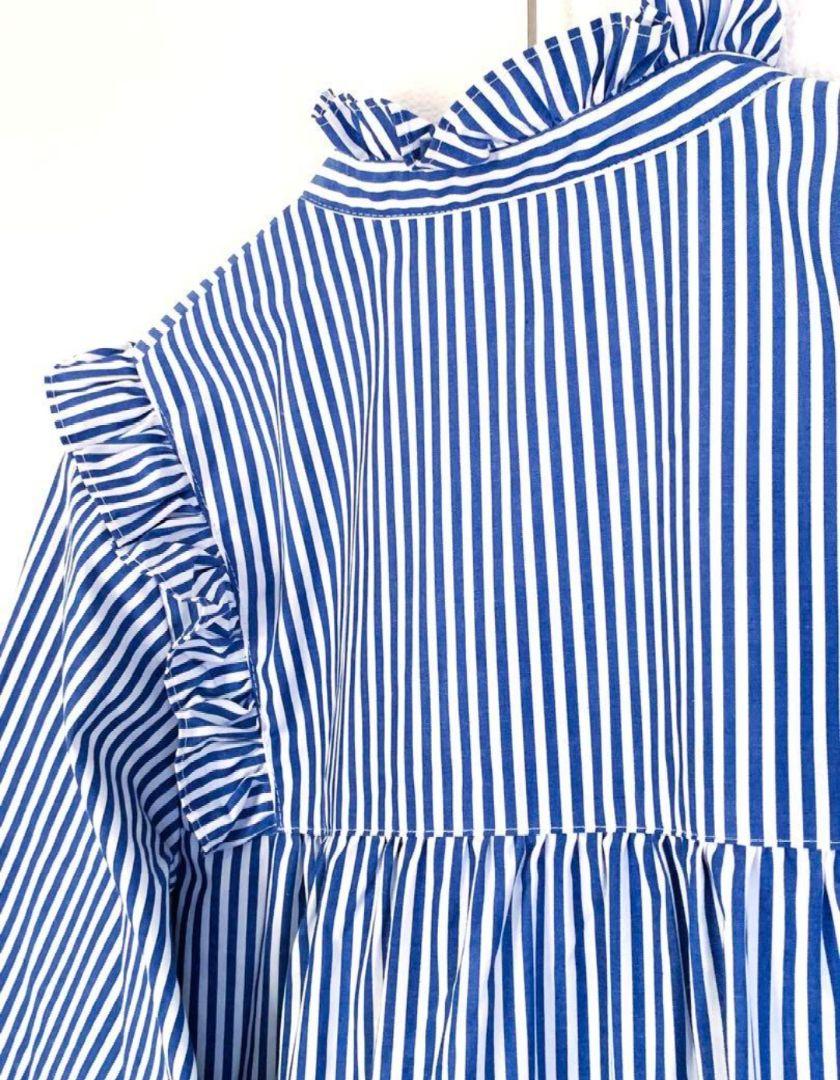 【極美品】cloth&cross クロスクロス ストライプフリルブラウス ブルー