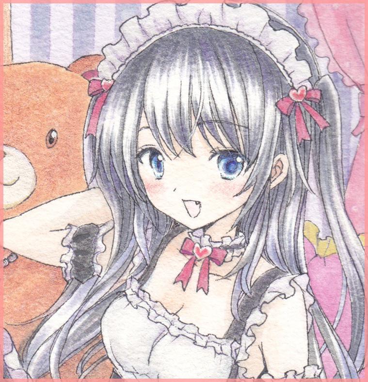 手描きイラスト オリジナル メイドさん 女の子 直筆 原画 水彩画