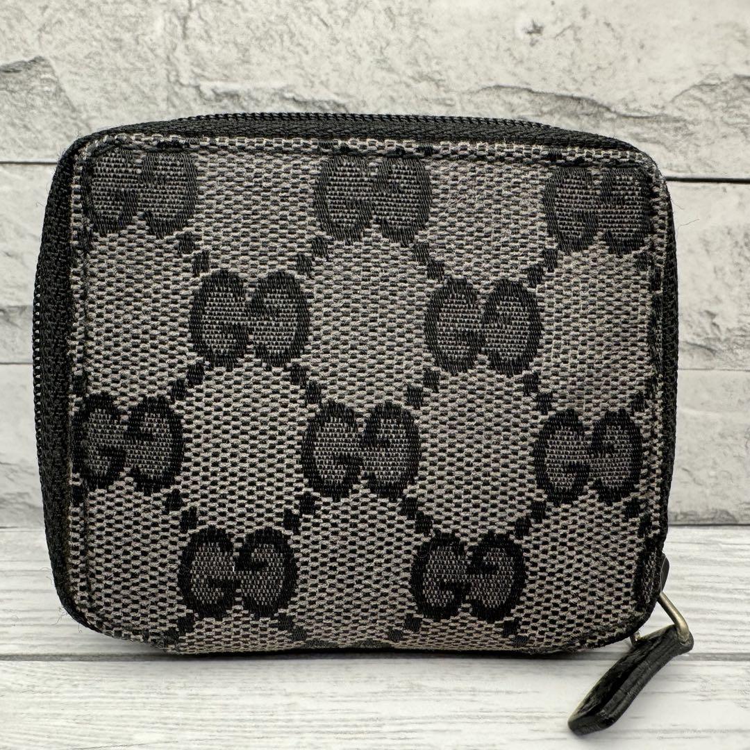 【美品】GUCCI コインケース ラウンドファスナー GGキャンバス グレー