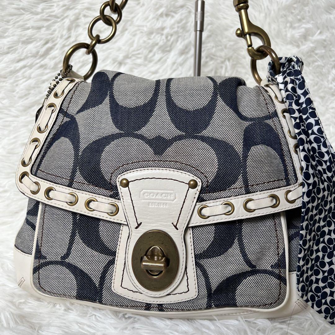【希少】COACH ショルダーバッグ シグネチャー デニム レザー スカーフ