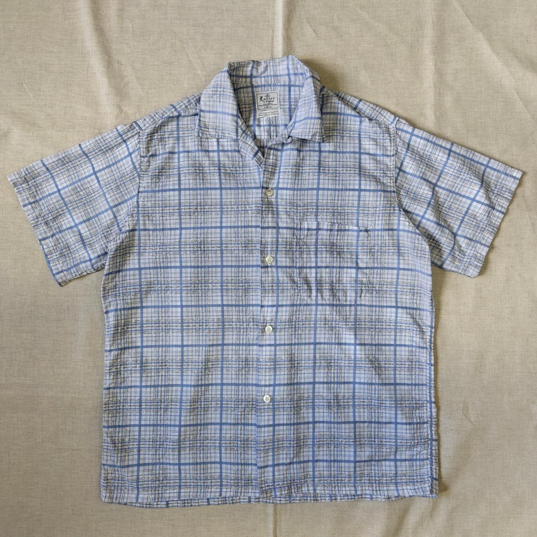 50s 60s 半袖オープンカラーシャツ チェック青 白 ネップ シアサッカー